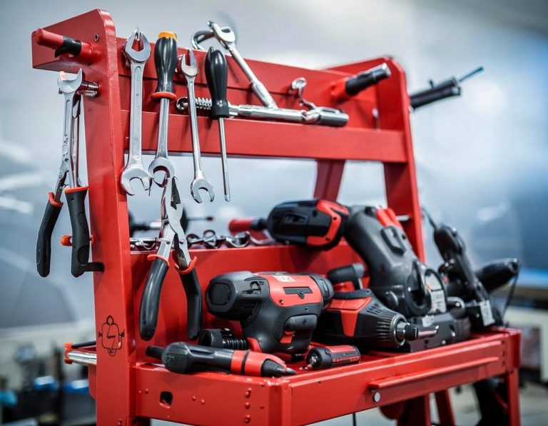Carro de herramientas rojas con varias llaves y herramientas eléctricas.